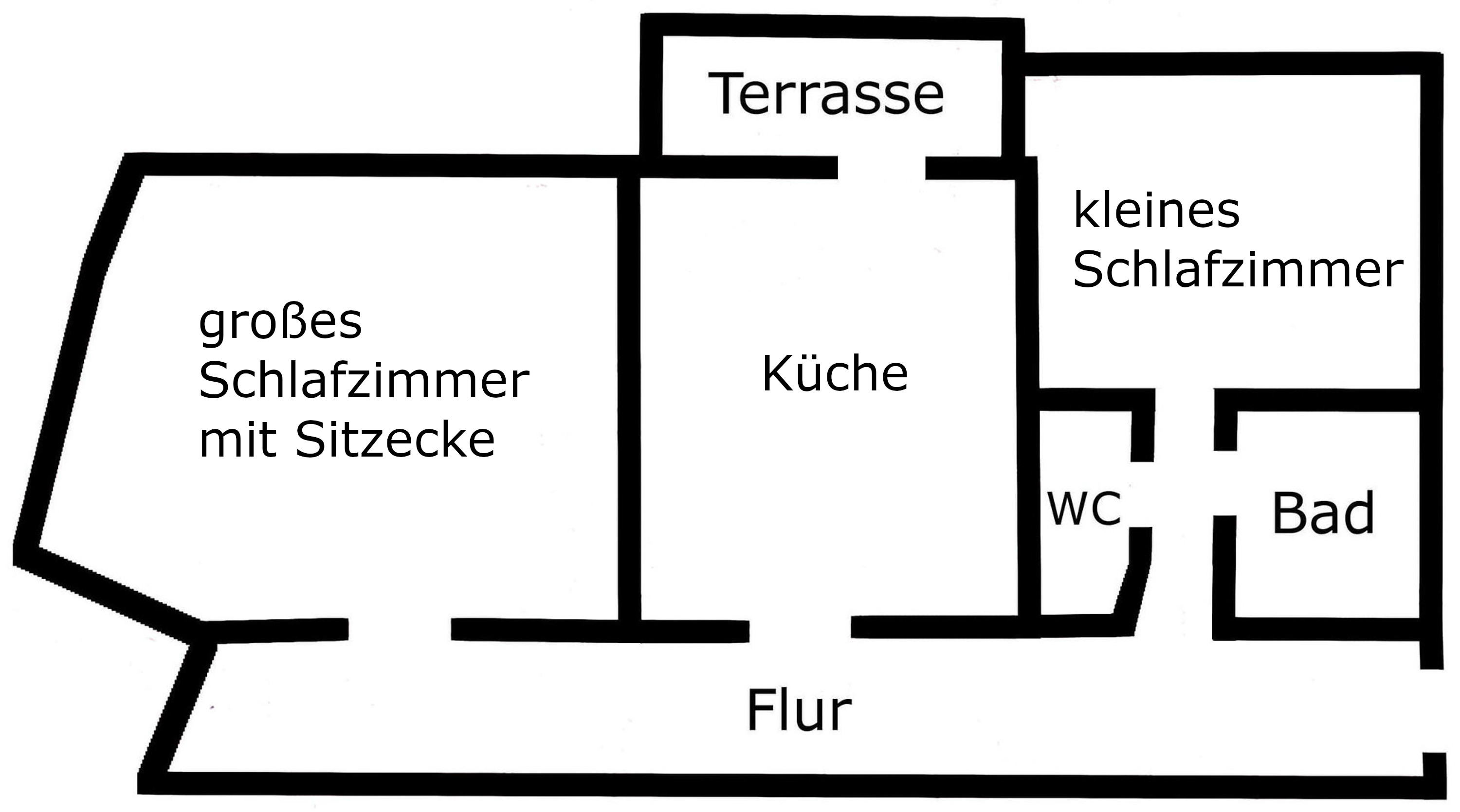 Grundriss der Familien-Ferienwohnung mit 2 Schlafzimmern, Garten, Terrasse und großzügigem Wohnbereich