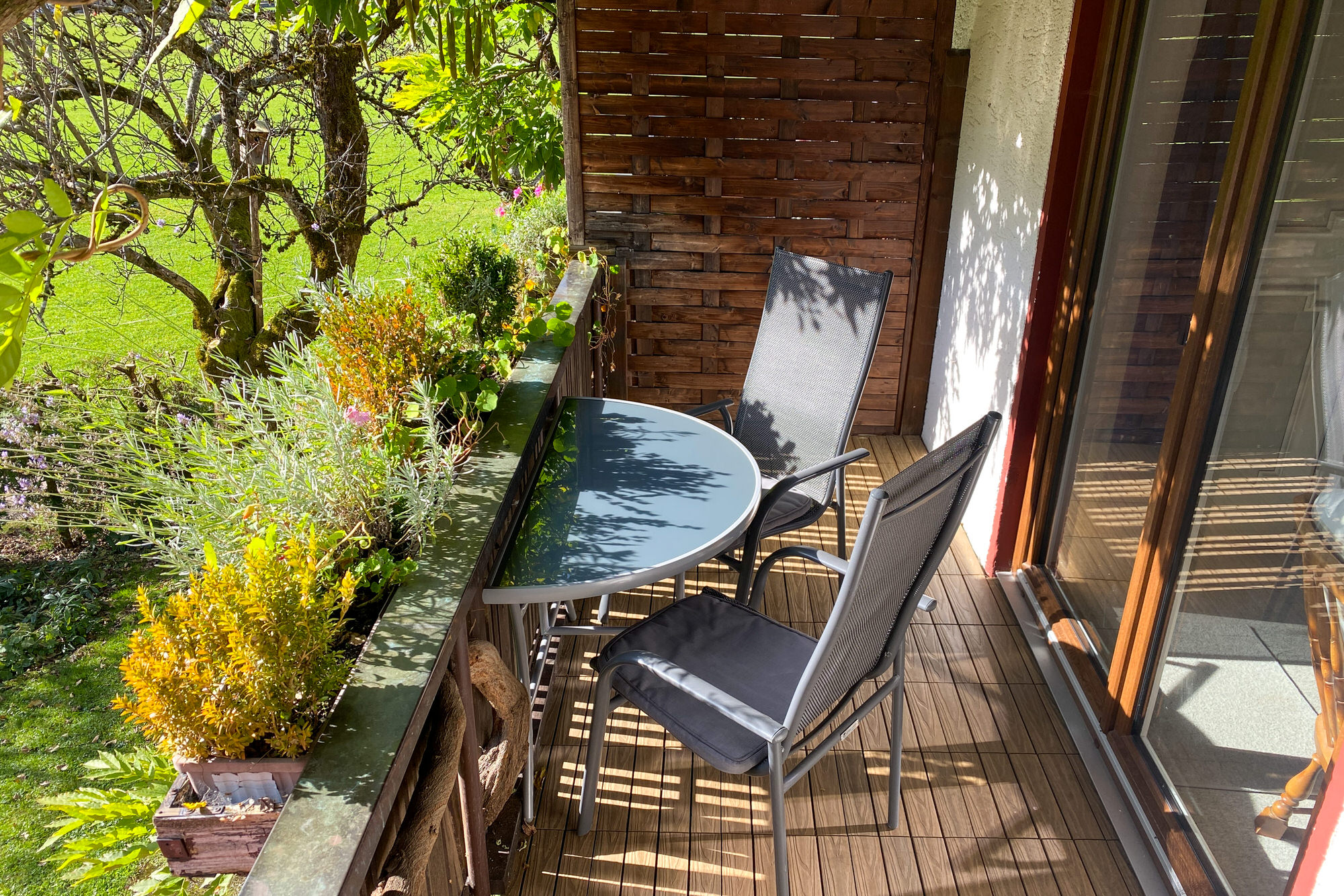 Sonniger Balkon mit Pflanzen und Blick ins Grüne.