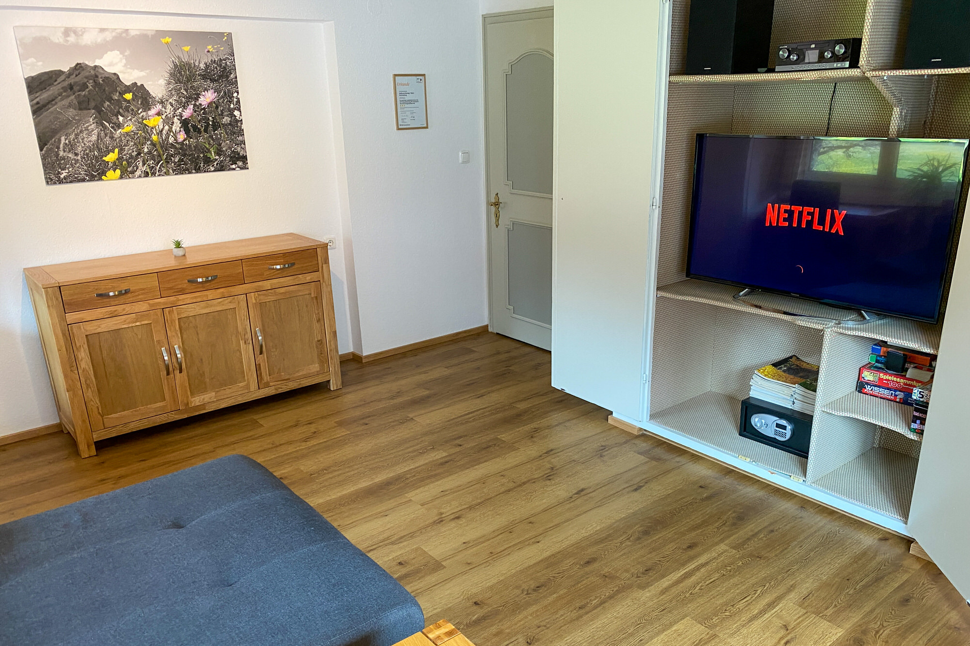 TV-Wand mit Netflix, Kommode und Holzfußboden.